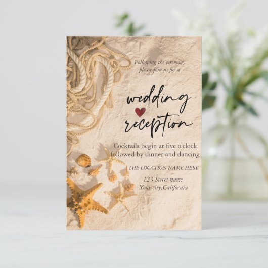 Seashells Rope Sand Empfang Einladung (Stehend Vorderseite)