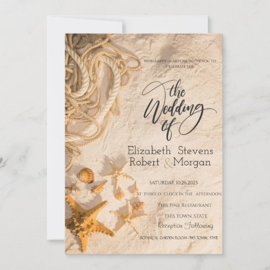 Seashells Rope Sand Wedding Einladung (Vorderseite)