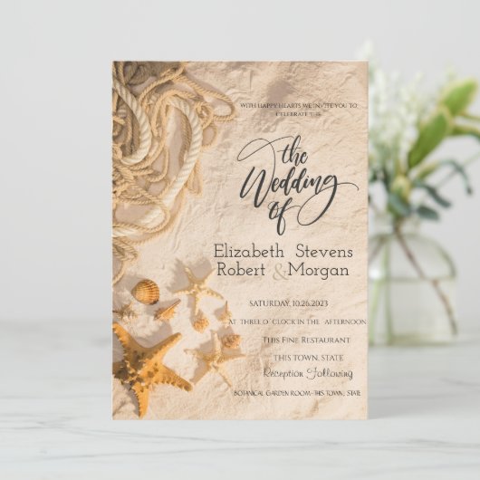 Seashells Rope Sand Wedding Einladung (Stehend Vorderseite)