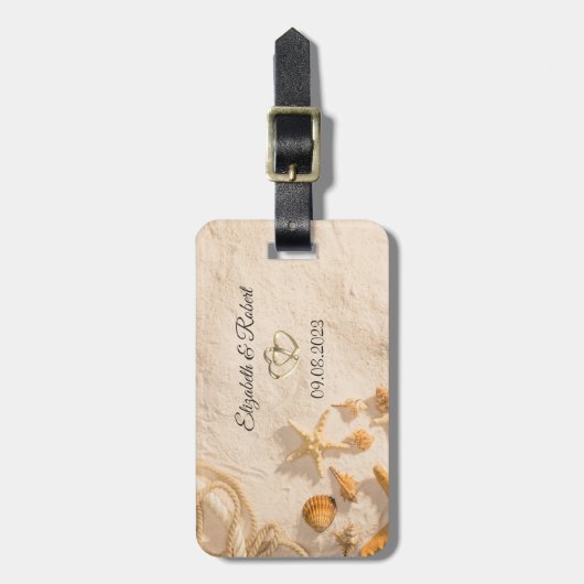 Seashells Rope Sand Wedding Gepäckanhänger (Vorderseite vertikal)