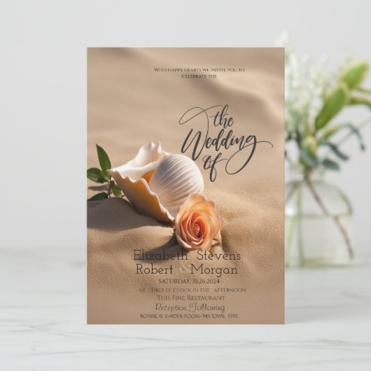 Seashells Rose Sand Beach Wedding Einladung (Stehend Vorderseite)