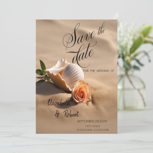 Seashells Rose Sand Save the Date (Stehend Vorderseite)