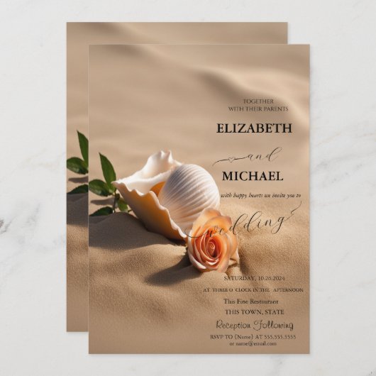 Seashells Rose Sand Wedding Einladung (Vorne/Hinten)