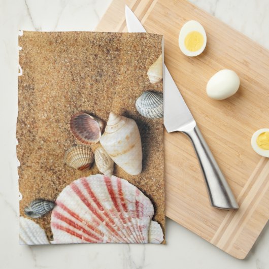 Seashells Sand Ocean Calligraphy Name Geschirrtuch (Viertel Falte)