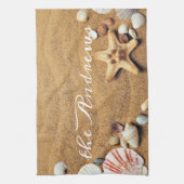 Seashells Sand Ocean Calligraphy Name Geschirrtuch (Vertikal)