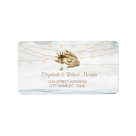 Seashells, Sea, String Lights Script Hochzeit Adressaufkleber (Vorne)