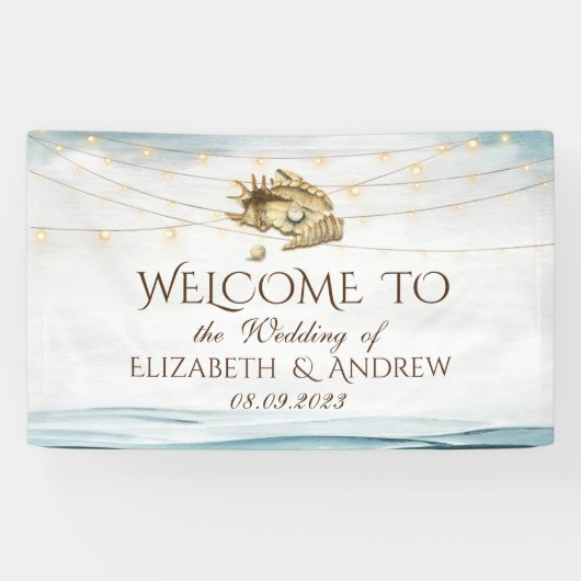 Seashells, Sea, String Lights Script Hochzeit Banner (Horizontal)