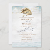 Seashells, Sea, String Lights Script Hochzeit Einladung (Vorderseite)