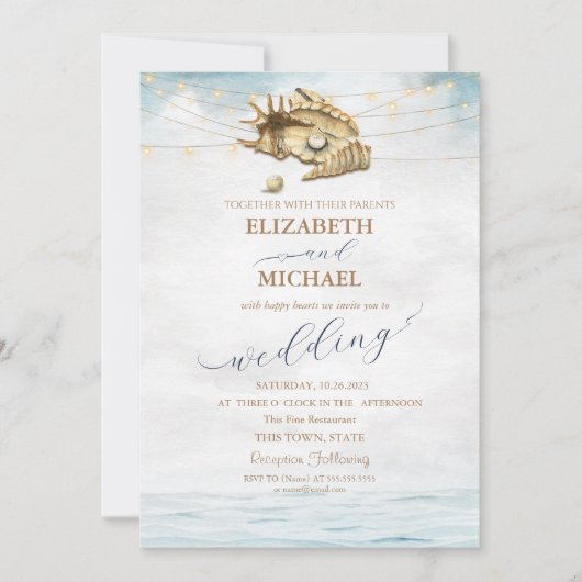 Seashells, Sea, String Lights Script Hochzeit Einladung (Vorderseite)
