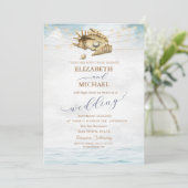 Seashells, Sea, String Lights Script Hochzeit Einladung (Stehend Vorderseite)