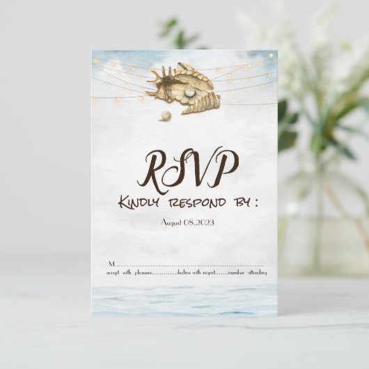 Seashells, Sea, String Lights Script Lights UAWG Einladung (Stehend Vorderseite)