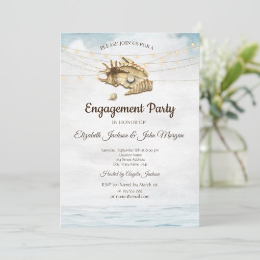 Seashells, Sea, String Lights Script-Verlobung Einladung (Stehend Vorderseite)