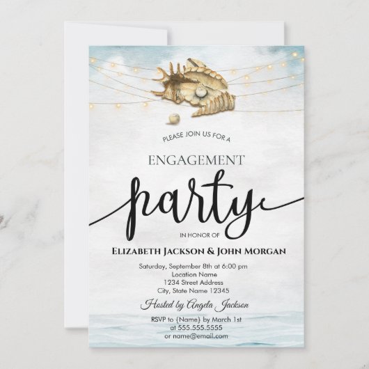 Seashells, Sea, String Lights Script-Verlobung Einladung (Vorderseite)