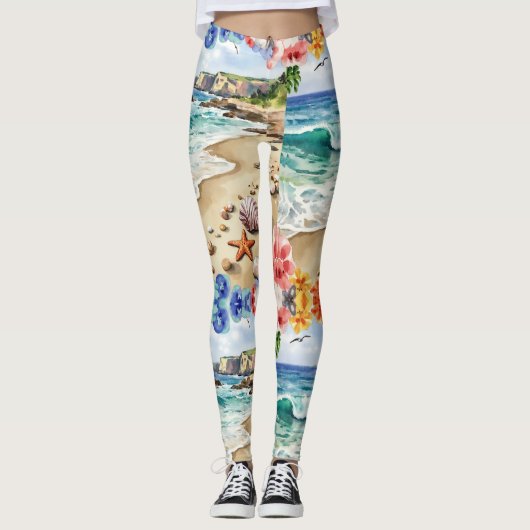 Seashells Starfish über das Sandmuster Leggings (Vorderseite)