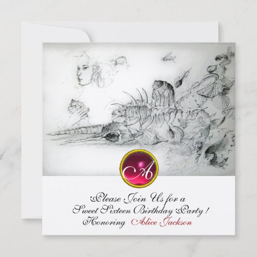 SEASHELLS SWEET 16 PARTY, Ruby Monogram Champagner Einladung (Vorderseite)