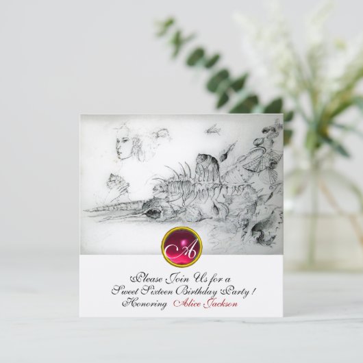 SEASHELLS SWEET 16 PARTY, Ruby Monogram Champagner Einladung (Stehend Vorderseite)