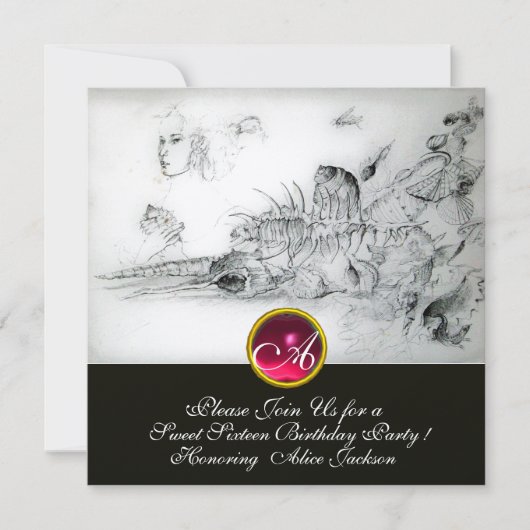 SEASHELLS SWEET 16 PARTY, Ruby Monogramm Schwarz-w Einladung (Vorderseite)