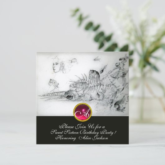 SEASHELLS SWEET 16,Ruby Monogram Black Silver Einladung (Stehend Vorderseite)