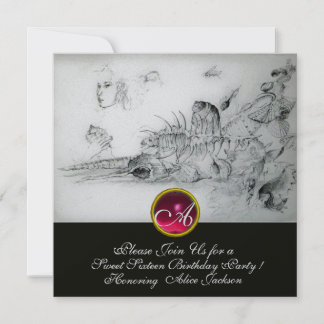 SEASHELLS SWEET 16,Ruby Monogram Black Silver Einladung