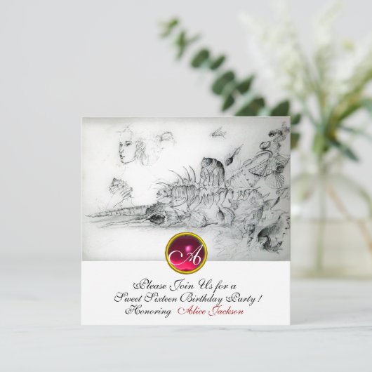 SEASHELLS SWEET 16,Ruby Monogramm Schwarz-weiß Einladung (Stehend Vorderseite)