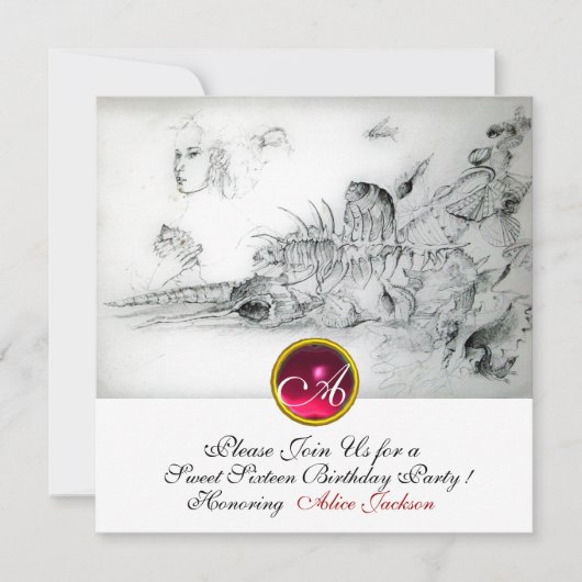SEASHELLS SWEET 16,Ruby Monogramm Schwarz-weiß Einladung (Vorderseite)
