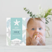 Seashells Türkis Blue 1. Geburtstag Foto Einladung (Stehend Vorderseite)