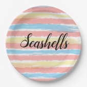 Seashells Typografie Pink Yellow Blue Watercolor Pappteller (Vorderseite)