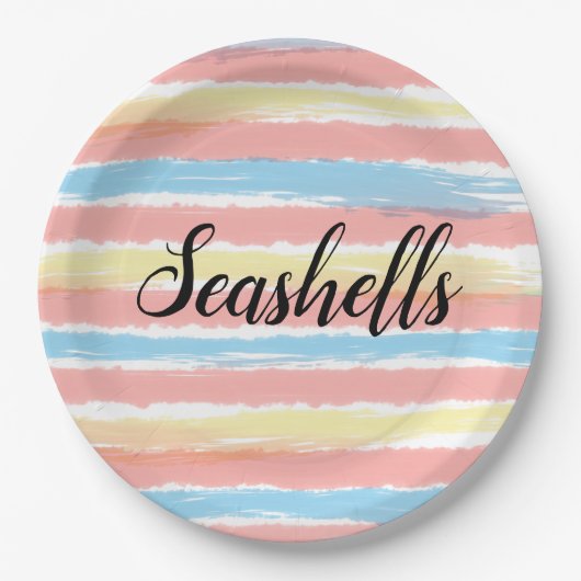Seashells Typografie Pink Yellow Blue Watercolor Pappteller (Vorderseite)