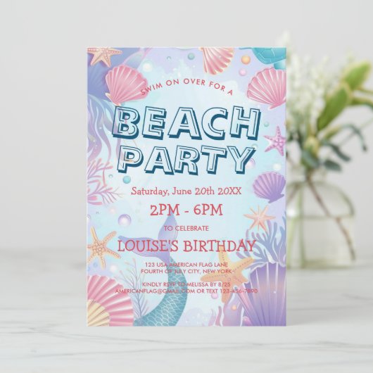 Seashells und Mermaid Beach Party Einladung (Stehend Vorderseite)