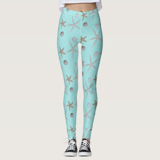 Seashells und Starfish auf aquamarinen Leggings (Vorderseite)