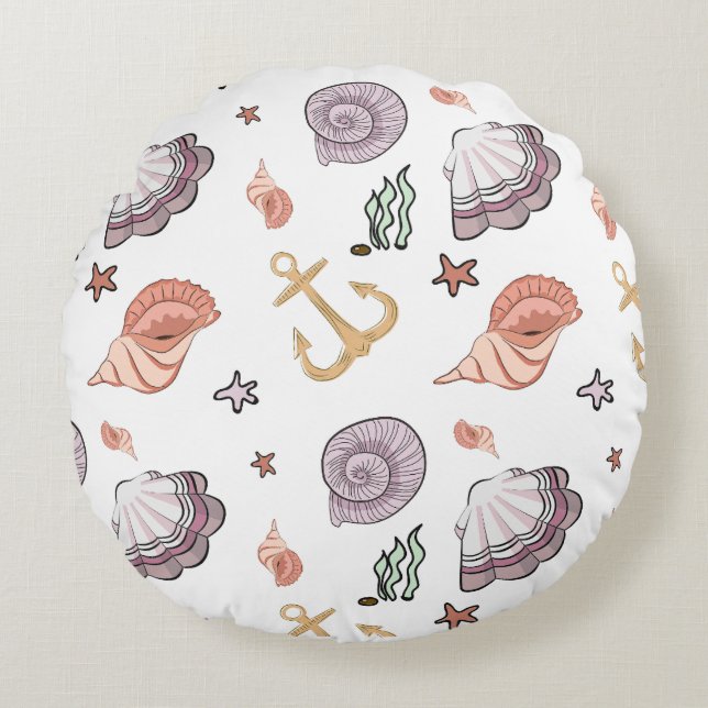Seashells und Starfish Pink Lilac Rundes Kissen (Vorderseite)