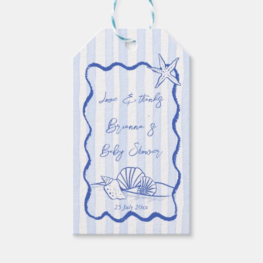 Seashells Wavy Blue Strips Baby Dusche Gefallen Geschenkanhänger (Vorderseite)