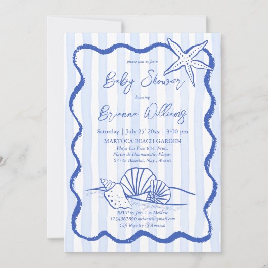 Seashells Wavy Border Blue Strips Babydusche Einladung (Vorderseite)