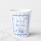 Seashells Wavy Border Blue Strips Babydusche Pappbecher (Rückseite)