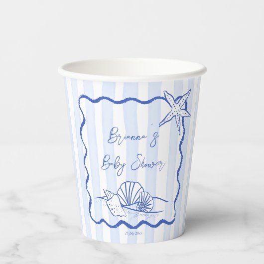 Seashells Wavy Border Blue Strips Babydusche Pappbecher (Rückseite)
