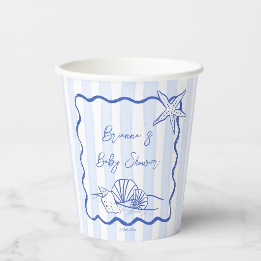 Seashells Wavy Border Blue Strips Babydusche Pappbecher (Vorderseite)