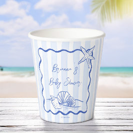 Seashells Wavy Border Blue Strips Babydusche Pappbecher