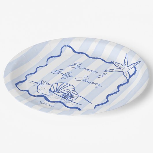 Seashells Wavy Border Blue Strips Babydusche Pappteller (Schrägansicht)