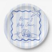 Seashells Wavy Border Blue Strips Babydusche Pappteller (Vorderseite)