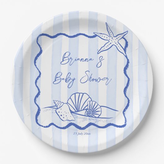 Seashells Wavy Border Blue Strips Babydusche Pappteller (Vorderseite)