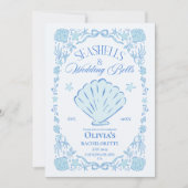 Seashells Wedding Bells Bachelorette Blue Einladung (Vorderseite)
