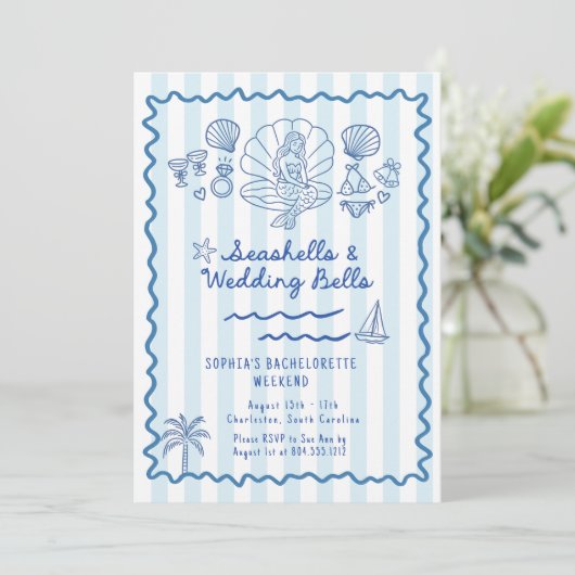 Seashells Wedding Bells Bachelorette Einladung (Stehend Vorderseite)