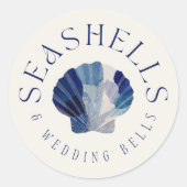 Seashells Wedding Bells Blue Beach Wedding Runder Aufkleber (Vorderseite)