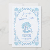 Seashells Wedding Bells Whimsical Bachelorette Blu Einladung (Vorderseite)