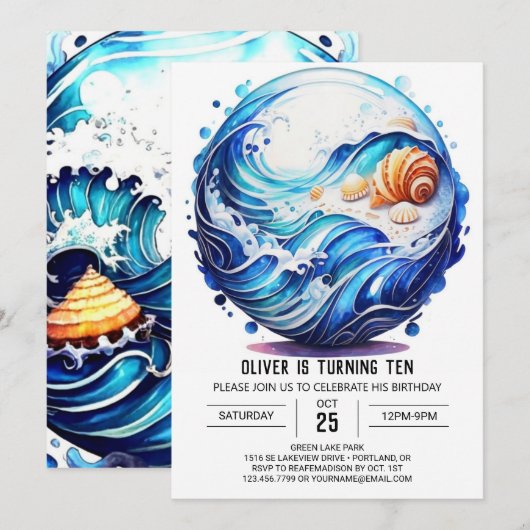 Seashore Deep Blue Kindergeburtstag Einladung (Vorne/Hinten)