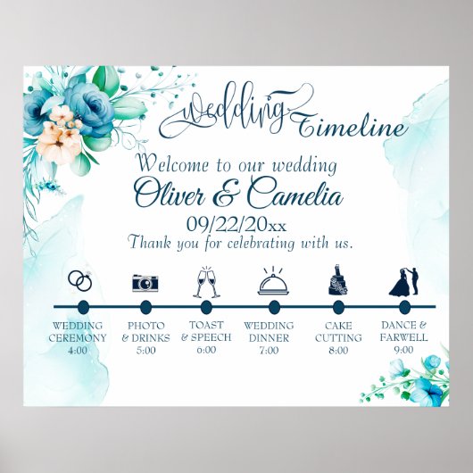 Seashore Floral Wedding Day Icons Timeline Poster (Vorne)