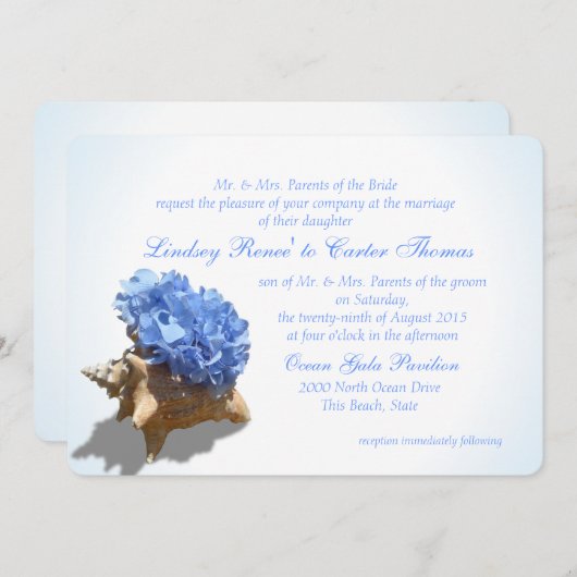 Seashore Hydrangea Blue Wedding Einladung (Vorne/Hinten)