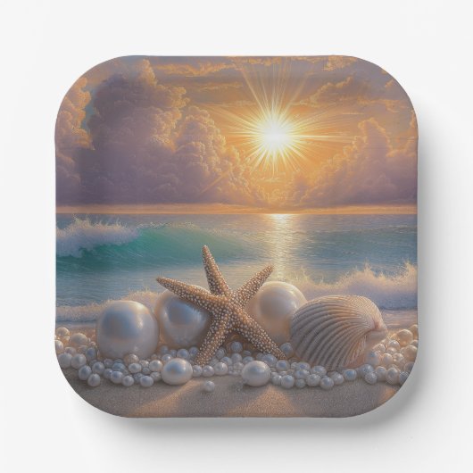 Seashore Ocean Sunset Seashells Pearls Pappteller (Vorderseite)