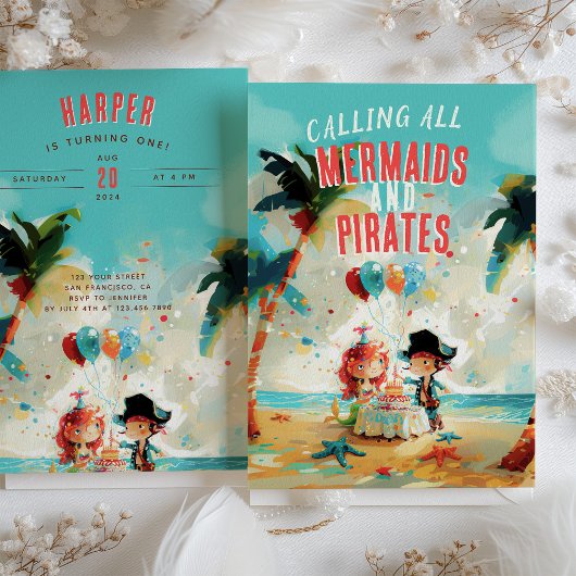 Seaside Adventure Mermaids & Pirates Birthday Einladung
