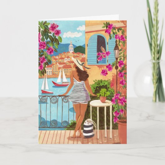 Seaside Balcony Woman Illustration Art Greeting Karte (Vorderseite)